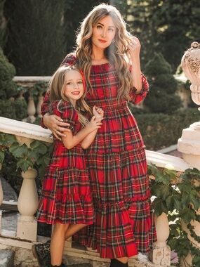 Small Ivy City Co Madeline Dress in Holiday Plaid Red Plaid Tiered Midi Dress